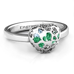 Petite Caged Hearts Ring with 1-3 Stones in 925 Sterling Silver with Emerald, Aquamarine, Citrine, Smokey Quartz, and Pink Tourmaline