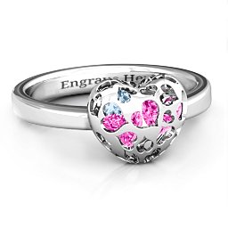 Petite Caged Hearts Ring with 1-3 Stones in 925 Sterling Silver with Pink Tourmaline, Aquamarine, Citrine, and Smokey Quartz