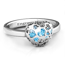 Petite Caged Hearts Ring with 1-3 Stones in 925 Sterling Silver with Blue Topaz, Aquamarine, Citrine, Smokey Quartz, and Pink Tourmaline