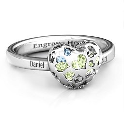 Petite Caged Hearts Ring with 1-3 Stones in 925 Sterling Silver with Peridot, Aquamarine, Citrine, Smokey Quartz, and Pink Tourmaline