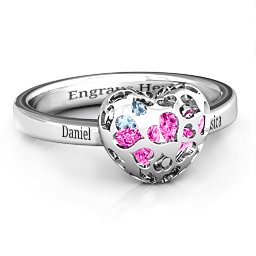Petite Caged Hearts Ring with 1-3 Stones in 925 Sterling Silver with Pink Tourmaline, Aquamarine, Citrine, and Smokey Quartz