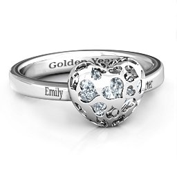 Petite Caged Hearts Ring with 1-3 Stones in 925 Sterling Silver with Cubic Zirconia, Citrine, Smokey Quartz, and Pink Tourmaline
