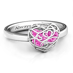 Petite Caged Hearts Ring with 1-3 Stones in 925 Sterling Silver with Pink Tourmaline, Citrine, and Smokey Quartz