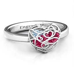 Petite Caged Hearts Ring with 1-3 Stones in 925 Sterling Silver with Ruby, Aquamarine, Citrine, Smokey Quartz, and Pink Tourmaline
