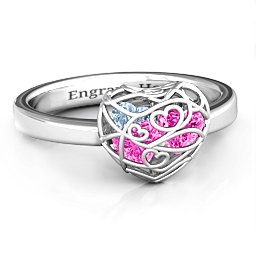 Petite Caged Hearts Ring with 1-3 Stones in 925 Sterling Silver with Pink Tourmaline, Aquamarine, Citrine, and Smokey Quartz