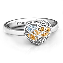 Petite Caged Hearts Ring with 1-3 Stones in 925 Sterling Silver with Citrine, Aquamarine, Smokey Quartz, and Pink Tourmaline