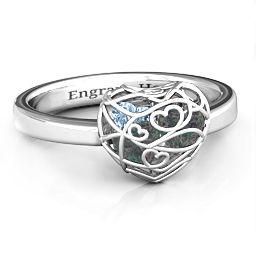 Petite Caged Hearts Ring with 1-3 Stones in 925 Sterling Silver with Alexandrite, Aquamarine, Citrine, Smokey Quartz, and Pink Tourmaline