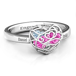 Petite Caged Hearts Ring with 1-3 Stones in 925 Sterling Silver with Pink Tourmaline, Aquamarine, Citrine, and Smokey Quartz