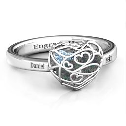 Petite Caged Hearts Ring with 1-3 Stones in 925 Sterling Silver with Alexandrite, Aquamarine, Citrine, Smokey Quartz, and Pink Tourmaline