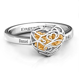Petite Caged Hearts Ring with 1-3 Stones in 925 Sterling Silver with Citrine, Smokey Quartz, and Pink Tourmaline
