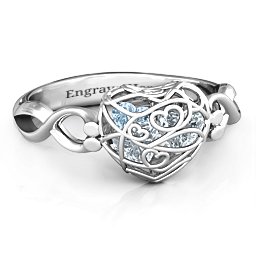 Petite Caged Hearts Ring with 1-3 Stones in 925 Sterling Silver with Cubic Zirconia, Aquamarine, Citrine, Smokey Quartz, and Pink Tourmaline