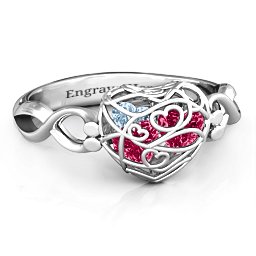 Petite Caged Hearts Ring with 1-3 Stones in 925 Sterling Silver with Ruby, Aquamarine, Citrine, Smokey Quartz, and Pink Tourmaline