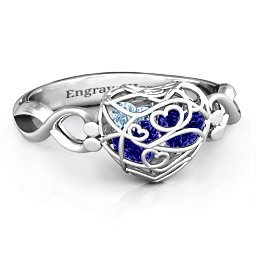 Petite Caged Hearts Ring with 1-3 Stones in 925 Sterling Silver with Blue Sapphire, Aquamarine, Citrine, Smokey Quartz, and Pink Tourmaline