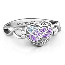 Petite Caged Hearts Ring with 1-3 Stones in 925 Sterling Silver with Amethyst, Aquamarine, Citrine, Smokey Quartz, and Pink Tourmaline