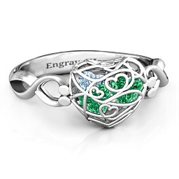 Petite Caged Hearts Ring with 1-3 Stones in 925 Sterling Silver with Emerald, Aquamarine, Citrine, Smokey Quartz, and Pink Tourmaline