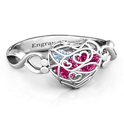 Petite Caged Hearts Ring with 1-3 Stones in 925 Sterling Silver with Ruby, Aquamarine, Citrine, Smokey Quartz, and Pink Tourmaline