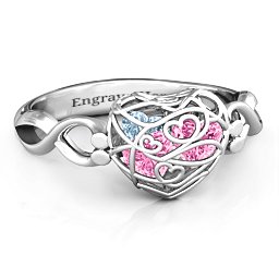 Petite Caged Hearts Ring with 1-3 Stones in 925 Sterling Silver with Pink Tourmaline, Aquamarine, Citrine, and Smokey Quartz