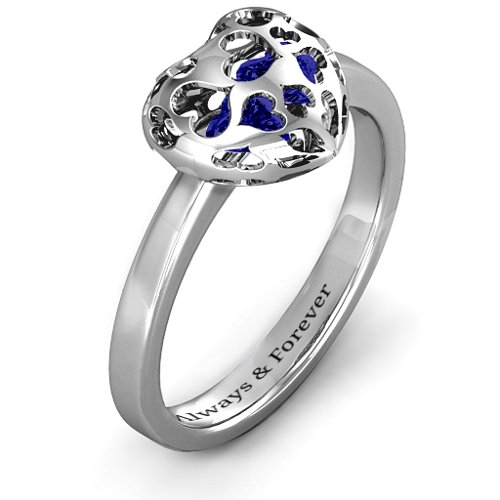 Heart Cut-out Petite Caged Hearts Ring with Classic Band – Sterling Silver with Blue Sapphire