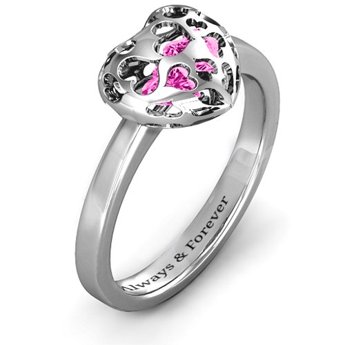 Heart Cut-out Petite Caged Hearts Ring with Classic Band – Sterling Silver with Pink Tourmaline