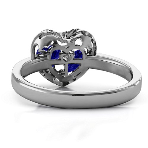 Heart Cut-out Petite Caged Hearts Ring with Classic Band – Sterling Silver with Blue Sapphire