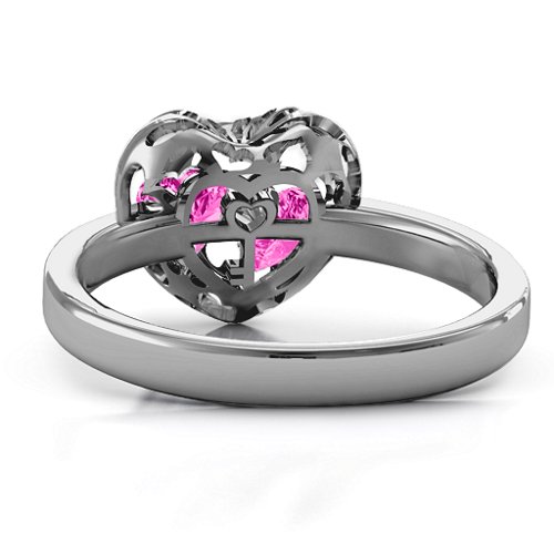 Heart Cut-out Petite Caged Hearts Ring with Classic Band – Sterling Silver with Pink Tourmaline