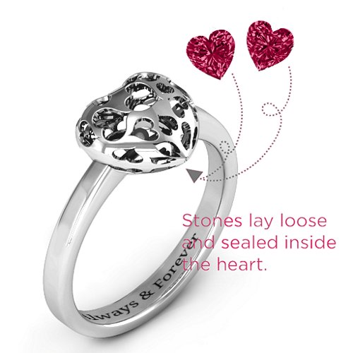 Heart Cut-out Petite Caged Hearts Ring with Classic Band – Sterling Silver with Ruby