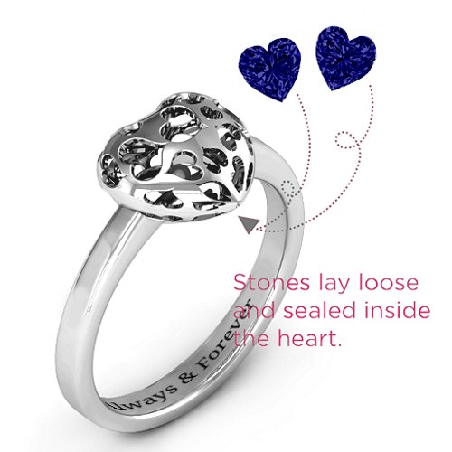 Heart Cut-out Petite Caged Hearts Ring with Classic Band – Sterling Silver with Blue Sapphire
