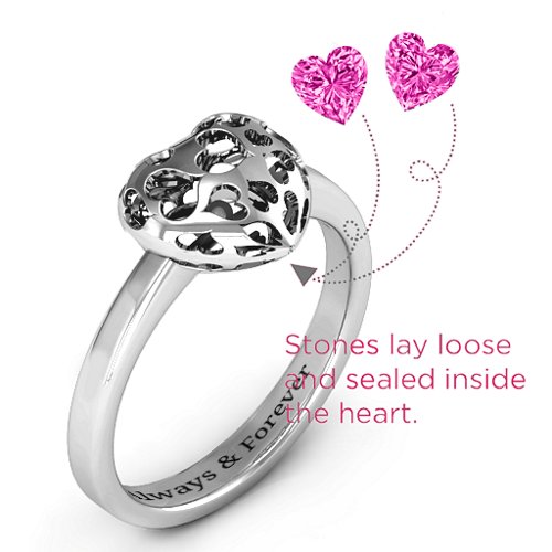 Heart Cut-out Petite Caged Hearts Ring with Classic Band – Sterling Silver with Pink Tourmaline