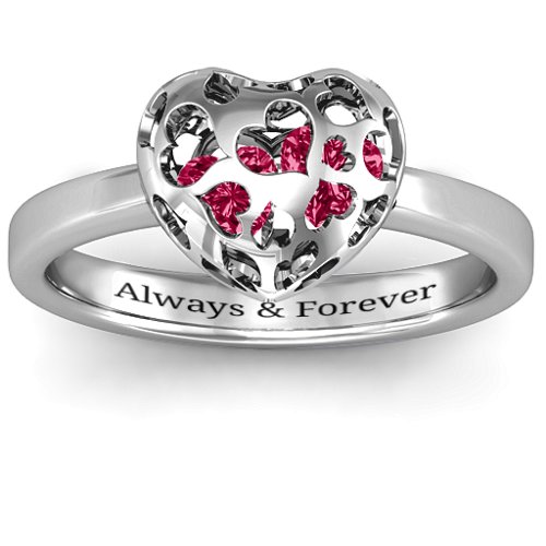 Heart Cut-out Petite Caged Hearts Ring with Classic Band – Sterling Silver with Ruby