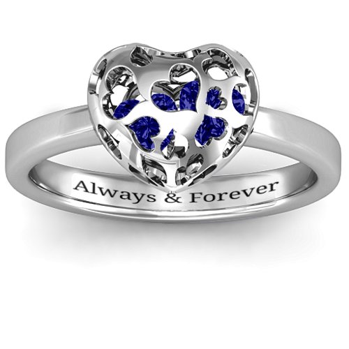 Heart Cut-out Petite Caged Hearts Ring with Classic Band – Sterling Silver with Blue Sapphire