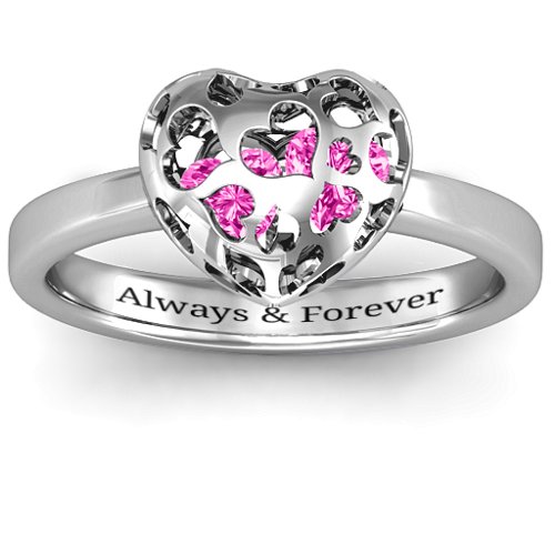 Heart Cut-out Petite Caged Hearts Ring with Classic Band – Sterling Silver with Pink Tourmaline
