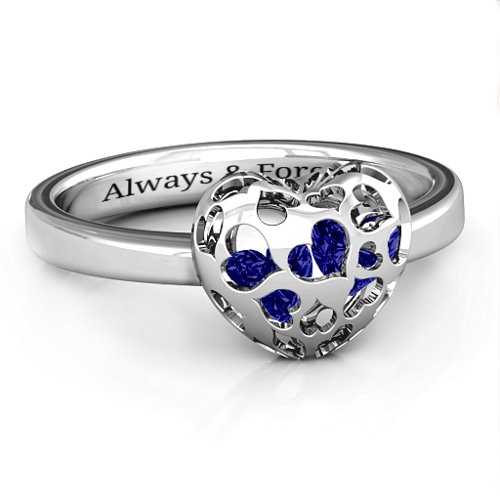 Heart Cut-out Petite Caged Hearts Ring with Classic Band – Sterling Silver with Blue Sapphire