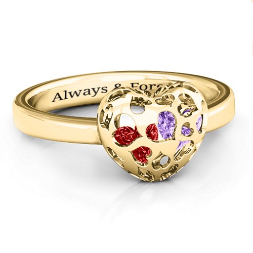 Heart Cut-out Petite Caged Hearts Ring with Classic Band – 10K Yellow Gold with Garnet and Amethyst