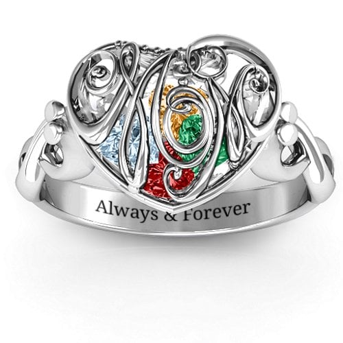 Cursive Mom Caged Hearts Ring with Infinity Band