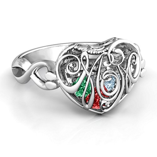 Cursive Mom Caged Hearts Ring with Infinity Band