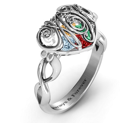 Cursive Mom Caged Hearts Ring with Infinity Band – Sterling Silver with Garnet, Emerald, Aquamarine, and Citrine