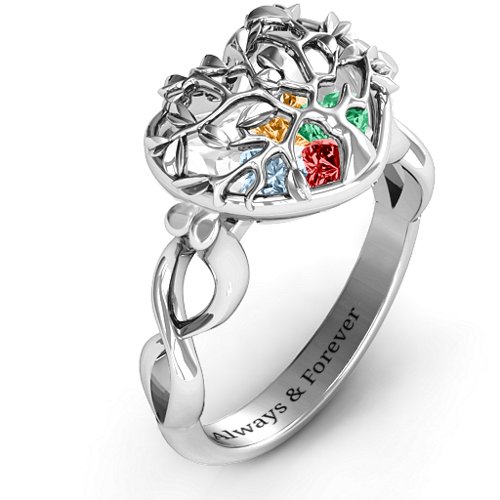Family Tree Caged Hearts Ring with Infinity Band – Sterling Silver with Garnet, Emerald, Aquamarine, and Citrine