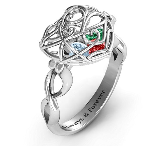 Encased in Love Caged Hearts Ring with Infinity Band – Sterling Silver with Garnet, Emerald, and Aquamarine