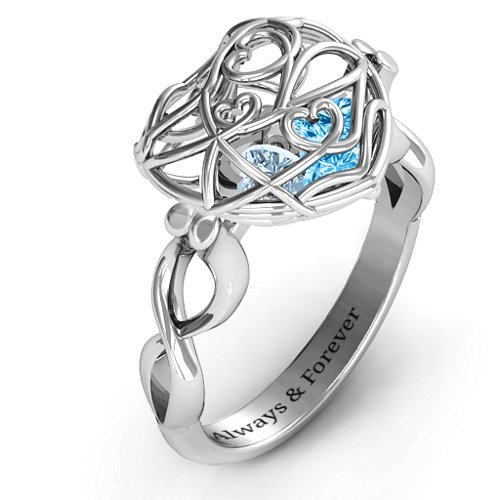 Encased in Love Caged Hearts Ring with Infinity Band – Sterling Silver with Blue Topaz and Aquamarine