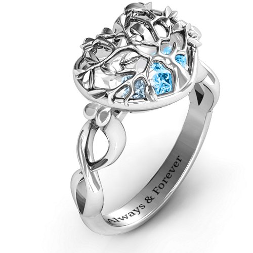 Family Tree Caged Hearts Ring with Infinity Band – Sterling Silver with Blue Topaz and Aquamarine