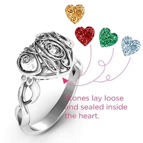 Cursive Mom Caged Hearts Ring with Infinity Band – Sterling Silver with Garnet, Emerald, Aquamarine, and Citrine