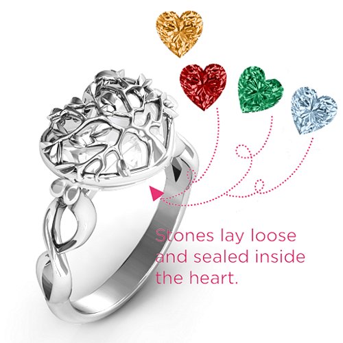 Family Tree Caged Hearts Ring with Infinity Band – Sterling Silver with Garnet, Emerald, Aquamarine, and Citrine