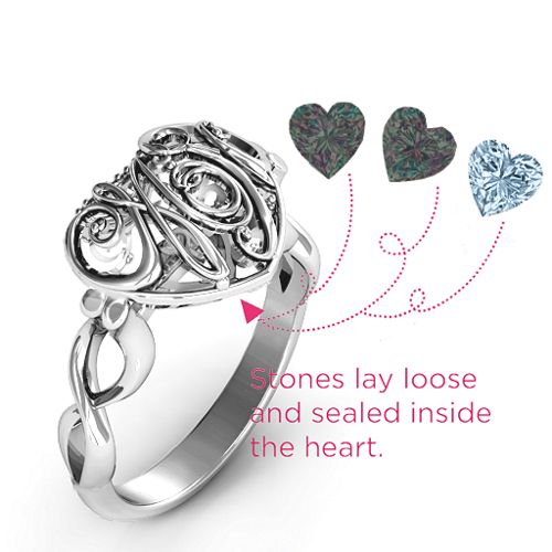 Cursive Mom Caged Hearts Ring with Infinity Band – Sterling Silver with Alexandrite and Aquamarine