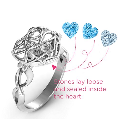 Encased in Love Caged Hearts Ring with Infinity Band – Sterling Silver with Blue Topaz and Aquamarine