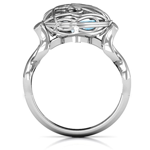 Encased in Love Caged Hearts Ring with Infinity Band – Sterling Silver with Blue Topaz and Aquamarine