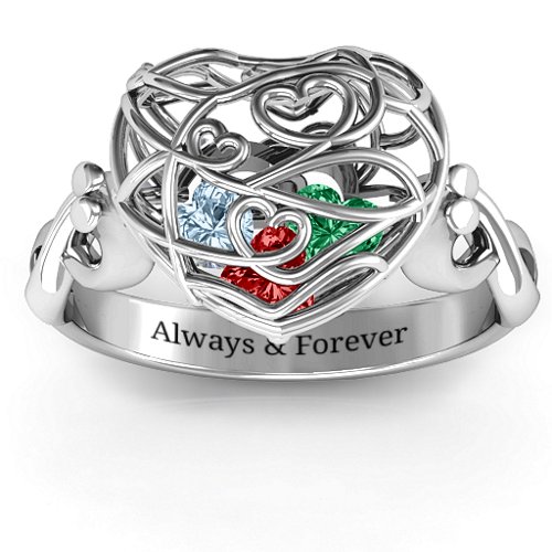 Encased in Love Caged Hearts Ring with Infinity Band – Sterling Silver with Garnet, Emerald, and Aquamarine