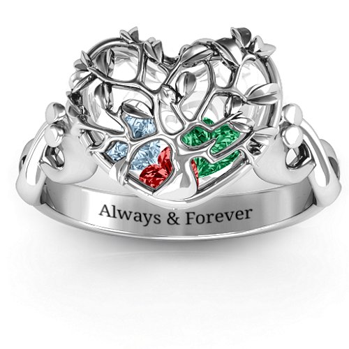 Family Tree Caged Hearts Ring with Infinity Band – Sterling Silver with Garnet, Emerald, and Aquamarine