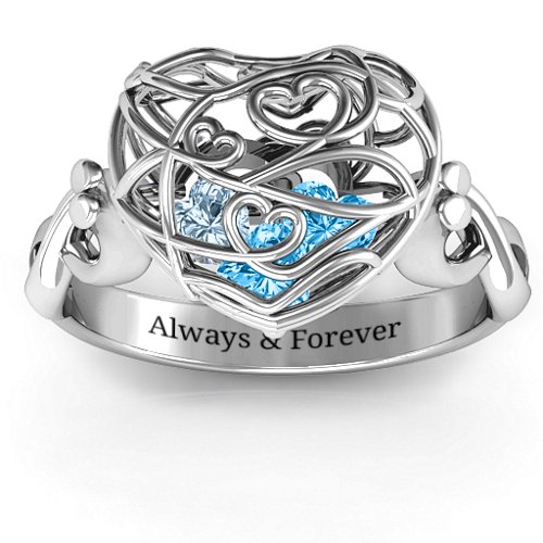 Encased in Love Caged Hearts Ring with Infinity Band – Sterling Silver with Blue Topaz and Aquamarine
