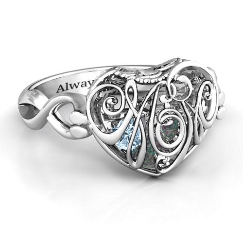 Cursive Mom Caged Hearts Ring with Infinity Band – Sterling Silver with Alexandrite and Aquamarine