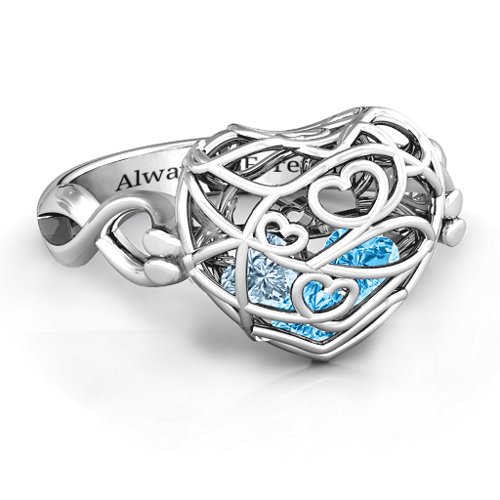 Encased in Love Caged Hearts Ring with Infinity Band – Sterling Silver with Blue Topaz and Aquamarine
